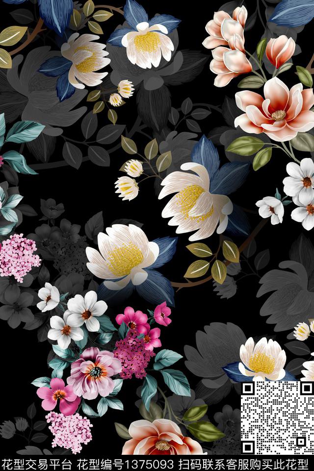 花卉香云纱真丝数码印花华亿平台下载（图片编号: 1375093） - 瓦栏（Walan）