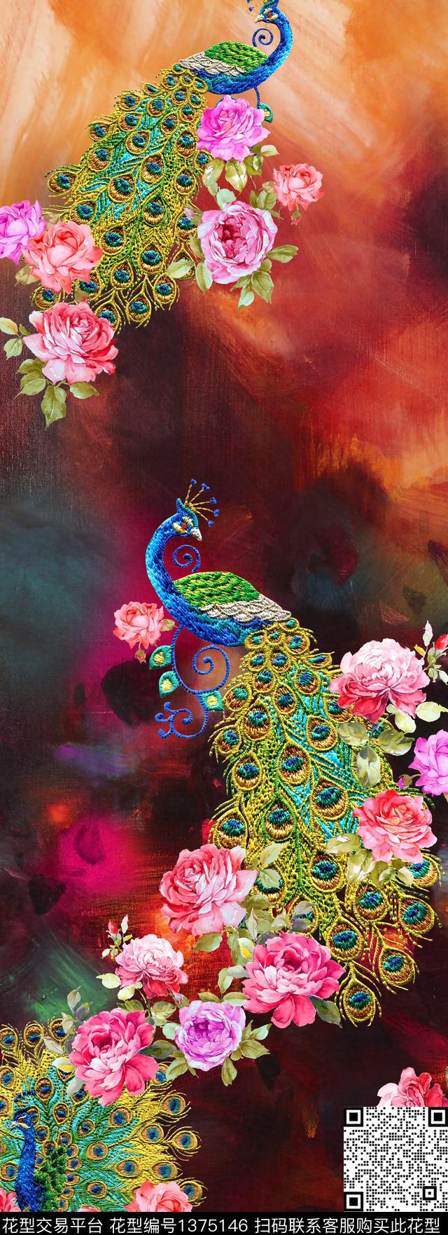 鸟花卉孔雀数码印花华亿平台下载（图片编号: 1375146） - 瓦栏（Walan）