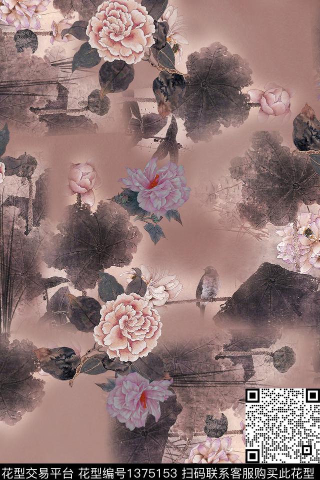 香云纱水墨风中国风花卉数码印花华亿平台下载（图片编号: 1375153） - 瓦栏（Walan）