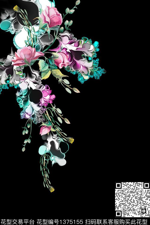 花卉抽象定位花数码印花华亿平台下载（图片编号: 1375155） - 瓦栏（Walan）