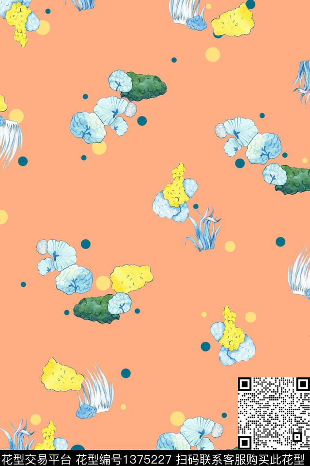 几何绿植树叶抽象数码印花华亿平台下载（图片编号: 1375227） - 瓦栏（Walan）