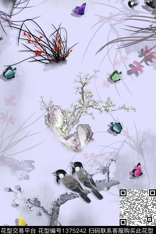 花卉素雅蝴蝶数码印花华亿平台下载（图片编号: 1375242） - 瓦栏（Walan）