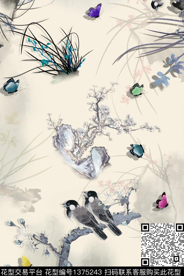 花卉素雅蝴蝶数码印花华亿平台下载（图片编号: 1375243） - 瓦栏（Walan）