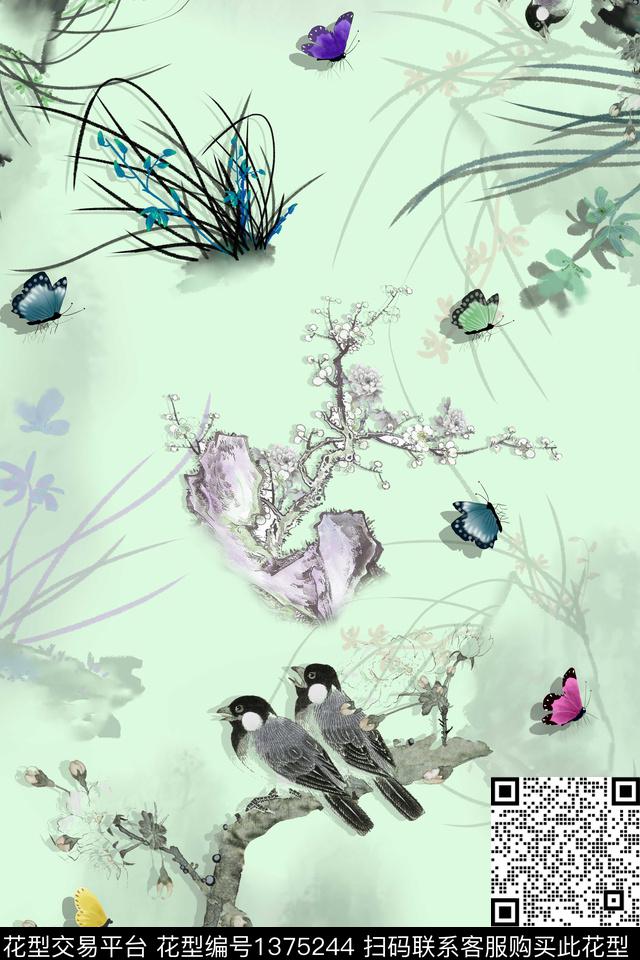 花卉素雅蝴蝶数码印花华亿平台下载（图片编号: 1375244） - 瓦栏（Walan）