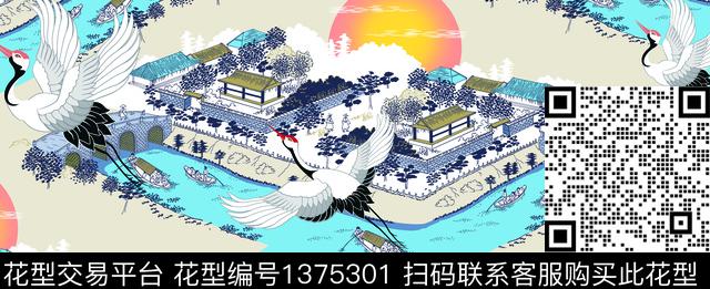 仙鹤复古大牌风数码印花华亿平台下载（图片编号: 1375301） - 瓦栏（Walan）