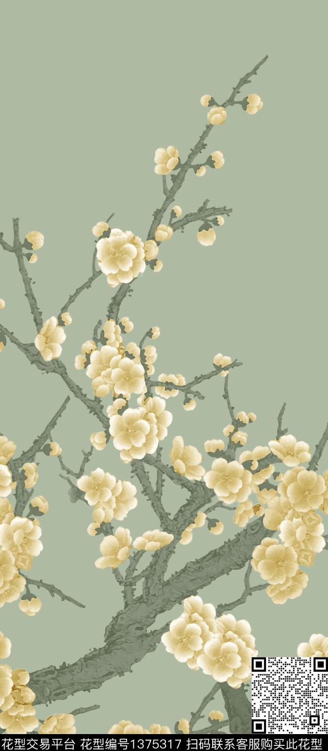 梅花国画中国风定位花数码印花华亿平台下载（图片编号: 1375317） - 瓦栏（Walan）