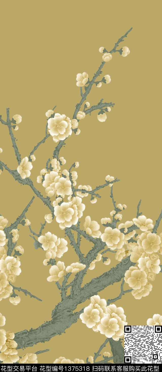 梅花国画中国风定位花数码印花华亿平台下载（图片编号: 1375318） - 瓦栏（Walan）
