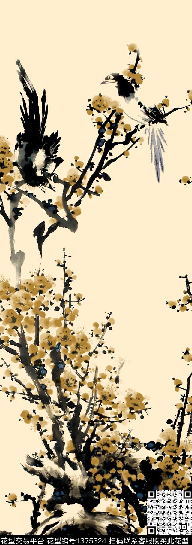 梅花国画中国风定位花数码印花华亿平台下载（图片编号: 1375324） - 瓦栏（Walan）