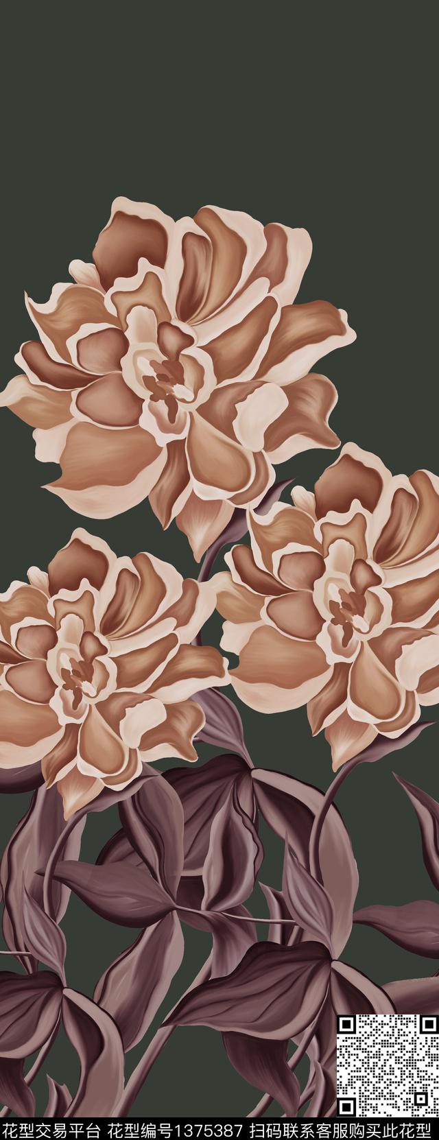 中国风定位花牡丹芍药数码印花华亿平台下载（图片编号: 1375387） - 瓦栏（Walan）