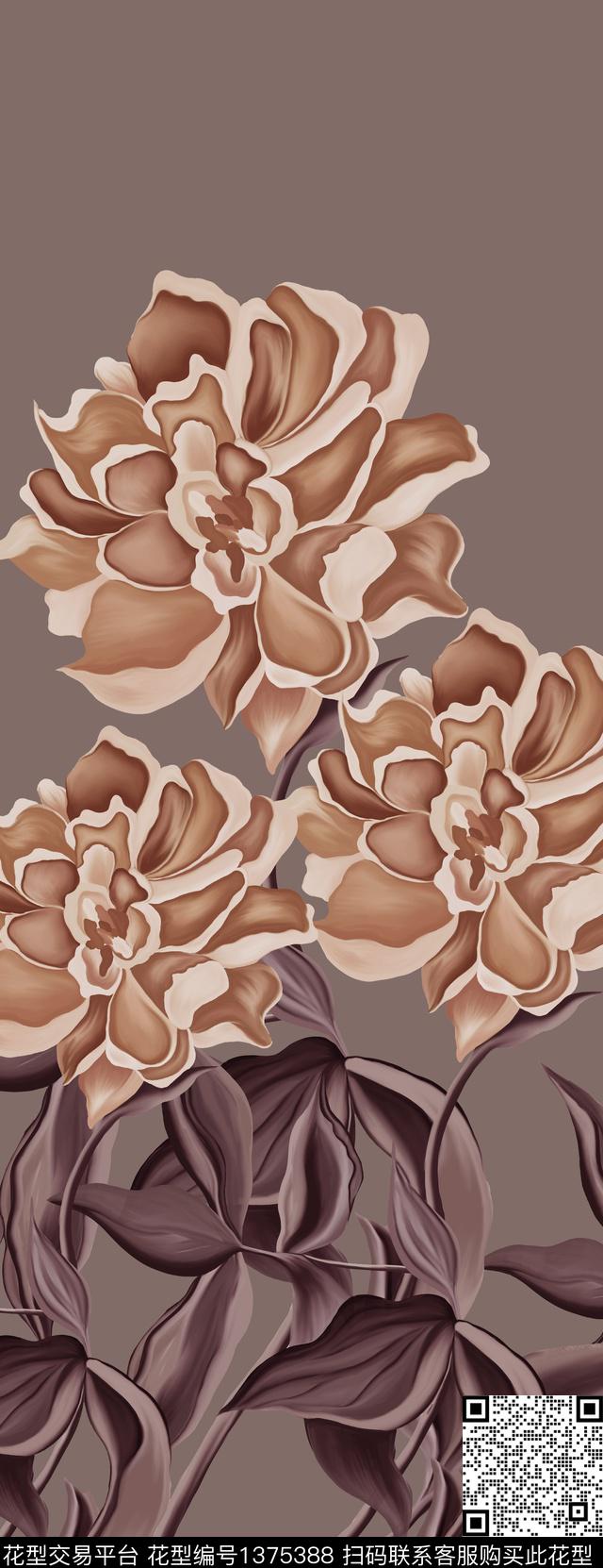 中国风定位花牡丹芍药数码印花华亿平台下载（图片编号: 1375388） - 瓦栏（Walan）