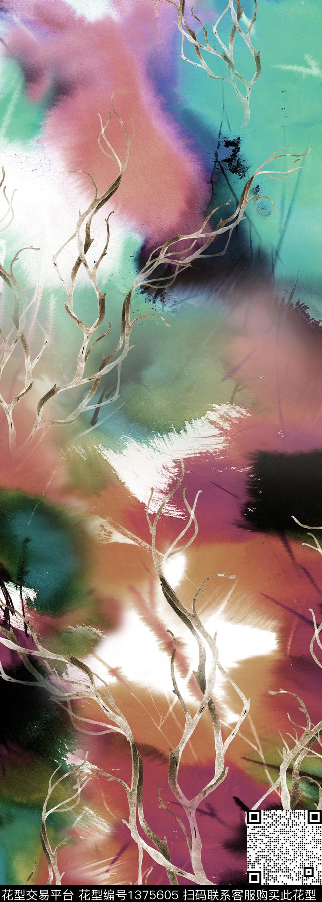笔触树枝抽象传统印花华亿平台下载（图片编号: 1375605） - 瓦栏（Walan）