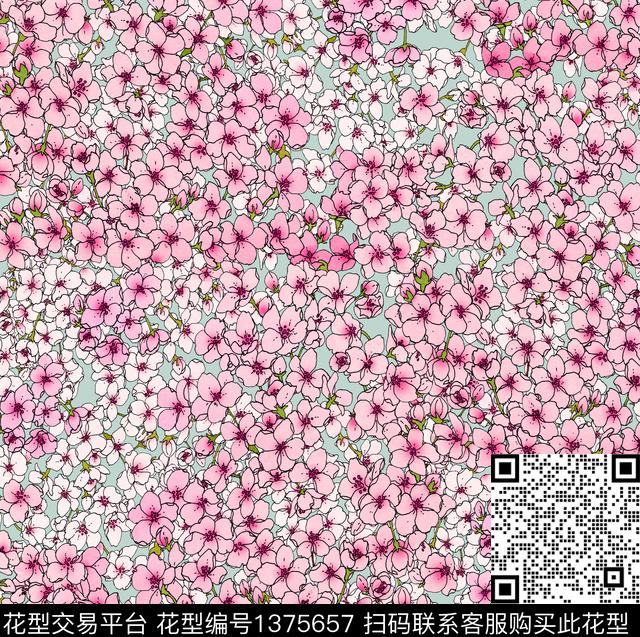 樱花小碎花数码印花华亿平台下载（图片编号: 1375657） - 瓦栏（Walan）