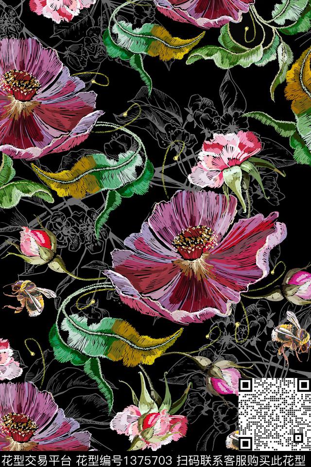 满版散花香云纱黑底花卉数码印花华亿平台下载（图片编号: 1375703） - 瓦栏（Walan）