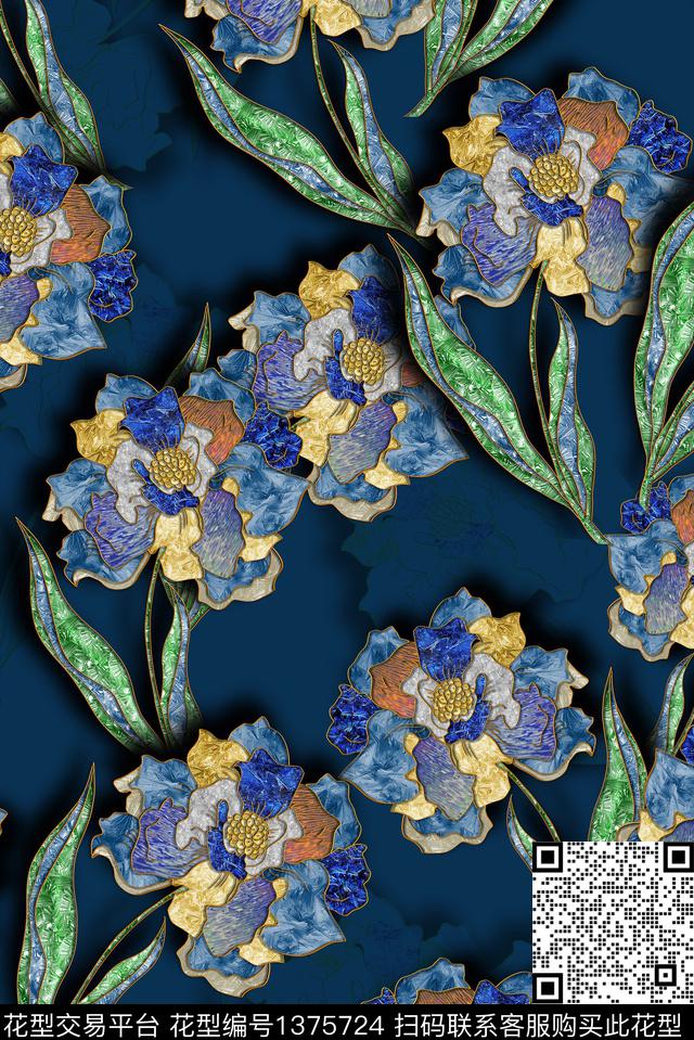 抽象花卉复古真丝数码印花华亿平台下载（图片编号: 1375724） - 瓦栏（Walan）