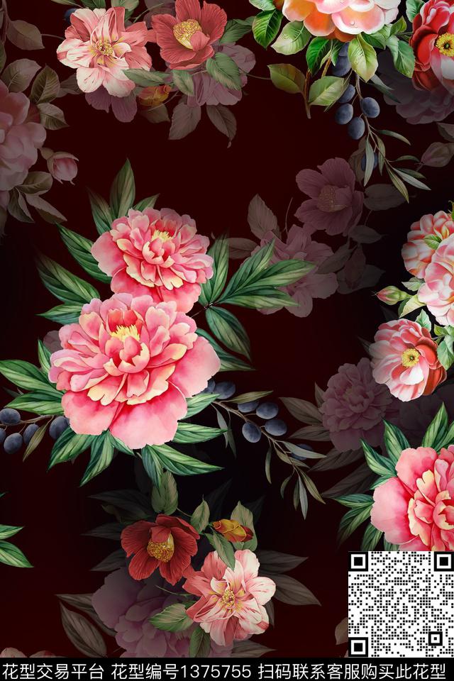 花卉大牌风香云纱数码印花华亿平台下载（图片编号: 1375755） - 瓦栏（Walan）