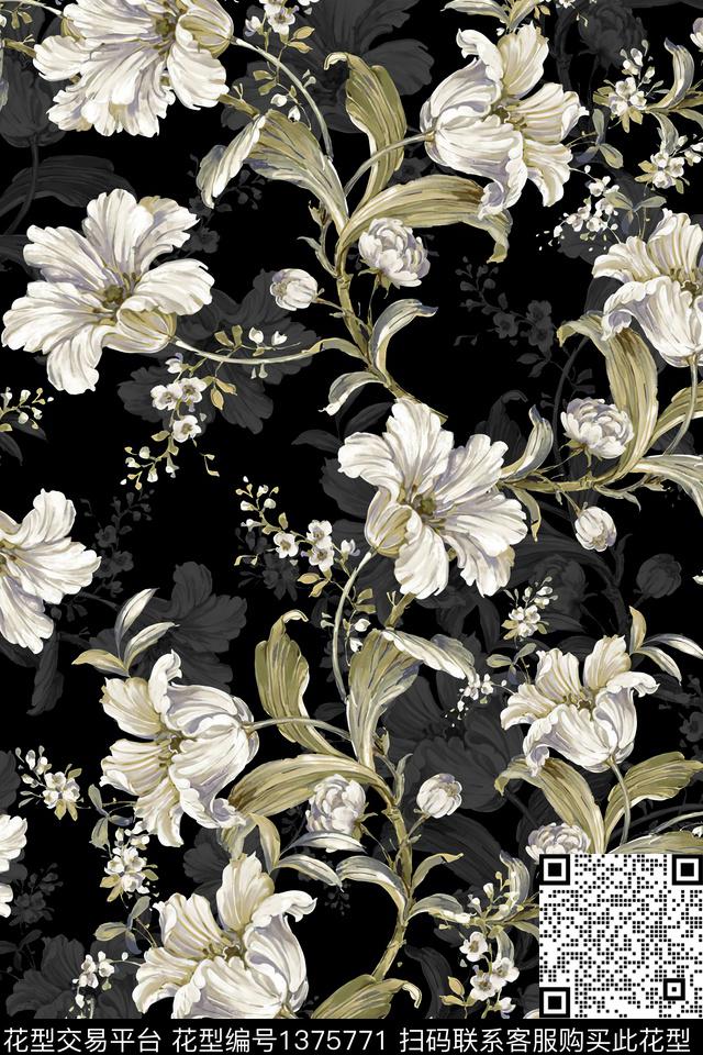 花卉大牌风旗袍数码印花华亿平台下载（图片编号: 1375771） - 瓦栏（Walan）