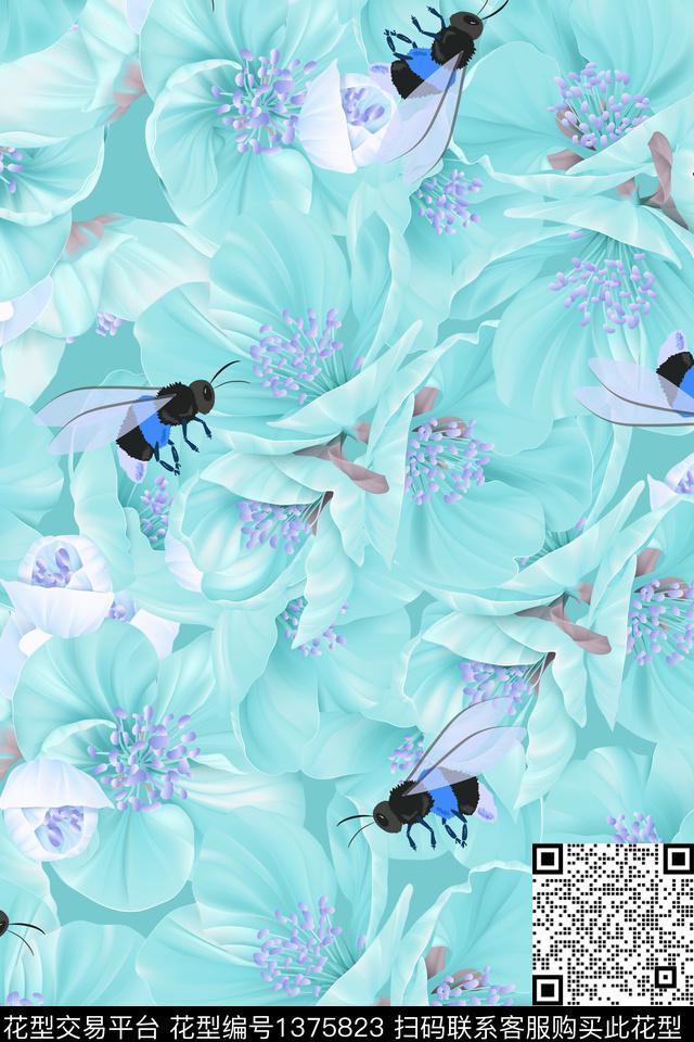 蜜蜂花卉满版散花数码印花华亿平台下载（图片编号: 1375823） - 瓦栏（Walan）