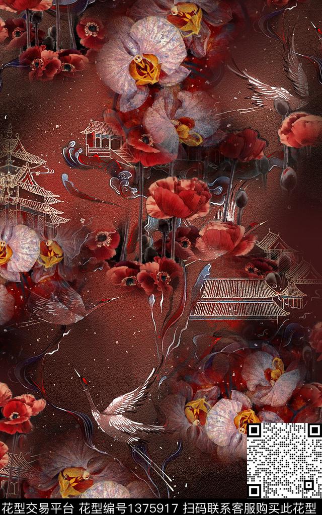 花卉手绘中国风数码印花华亿平台下载（图片编号: 1375917） - 瓦栏（Walan）