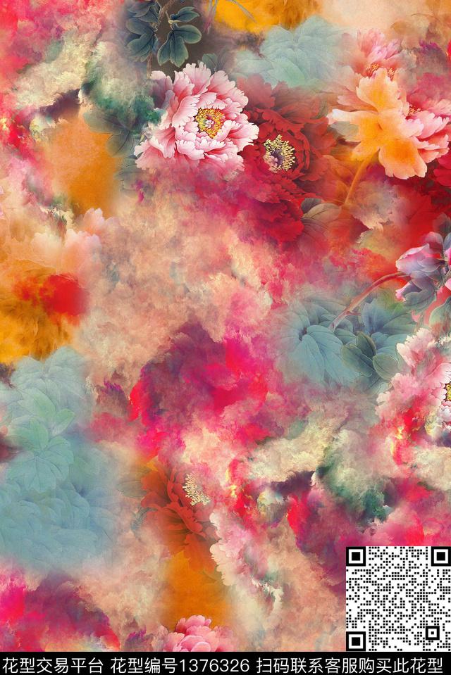 水墨风香云纱国画花数码印花华亿平台下载（图片编号: 1376326） - 瓦栏（Walan）