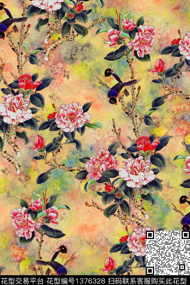 花鸟中国风花卉国画数码印花华亿平台下载（图片编号: 1376328） - 瓦栏（Walan）