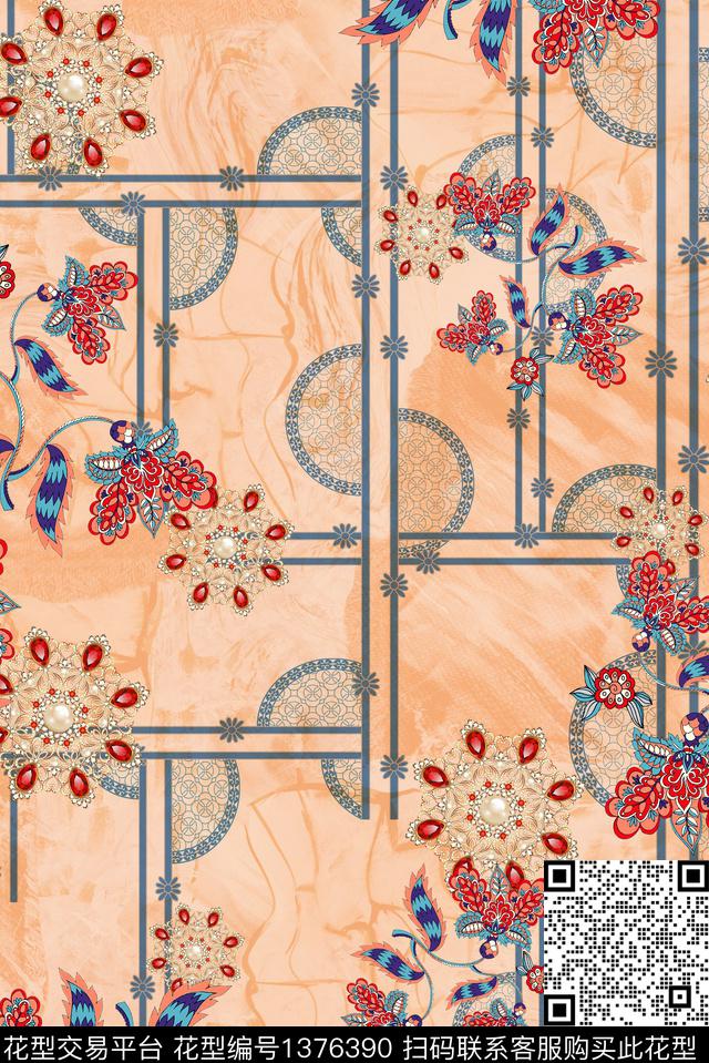 几何民族风花卉数码印花华亿平台下载（图片编号: 1376390） - 瓦栏（Walan）