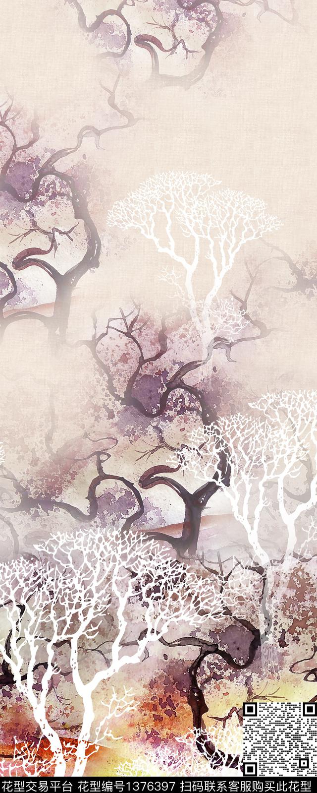 手绘树定位花数码印花华亿平台下载（图片编号: 1376397） - 瓦栏（Walan）