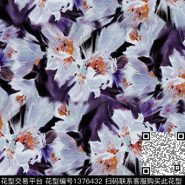 手绘花卉玉兰花数码印花华亿平台下载（图片编号: 1376432） - 瓦栏（Walan）