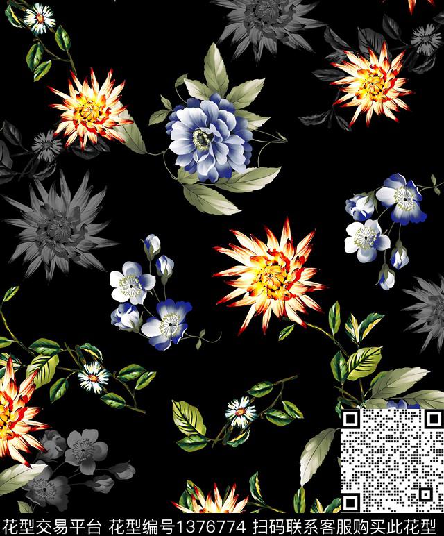 连衣裙女装花卉传统印花华亿平台下载（图片编号: 1376774） - 瓦栏（Walan）