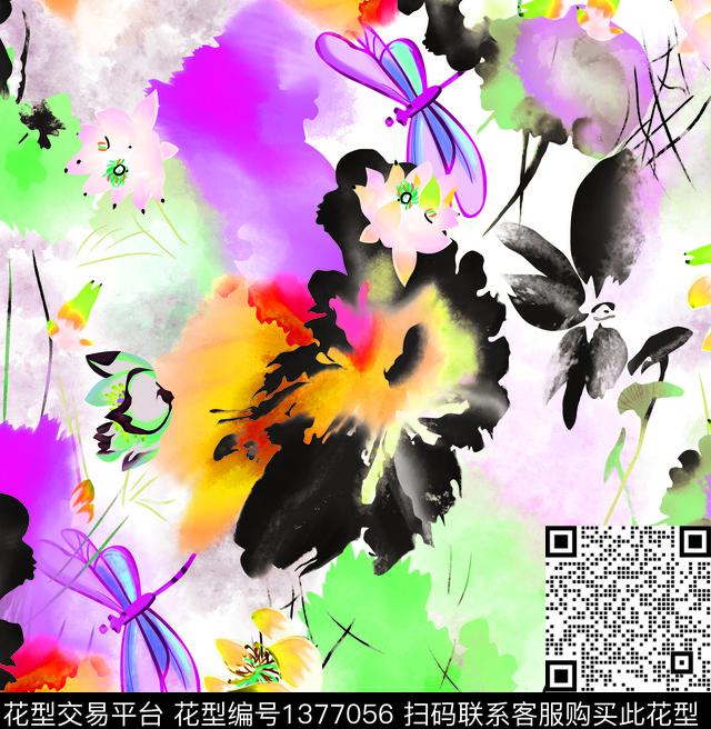 荷花水墨风大牌风数码印花华亿平台下载（图片编号: 1377056） - 瓦栏（Walan）
