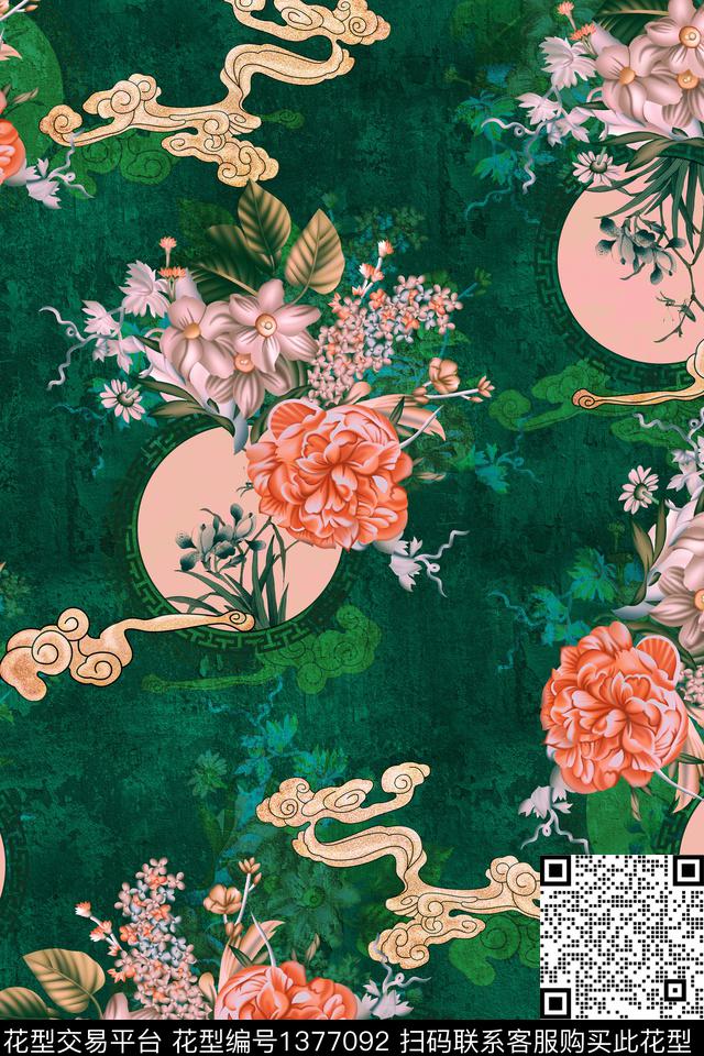 复古花卉旗袍数码印花华亿平台下载（图片编号: 1377092） - 瓦栏（Walan）