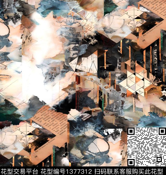 肌理抽象绘画格子数码印花华亿平台下载（图片编号: 1377312） - 瓦栏（Walan）