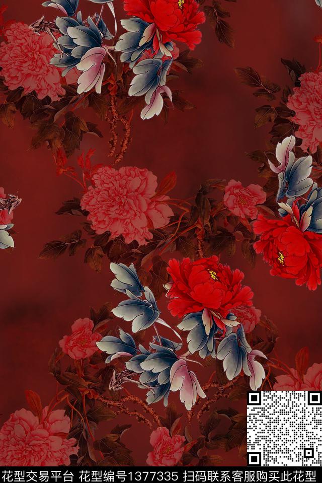 香云纱月季花中国风花卉数码印花华亿平台下载（图片编号: 1377335） - 瓦栏（Walan）