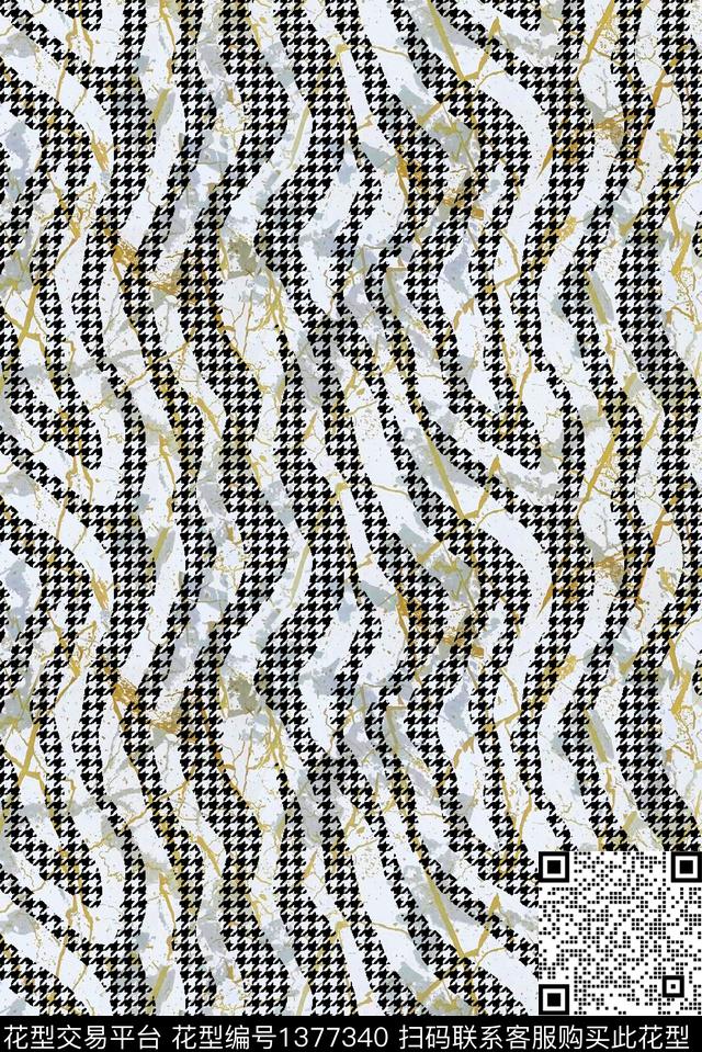 千鸟格波浪纹黑白华亿平台数码印花华亿平台下载（图片编号: 1377340） - 瓦栏（Walan）