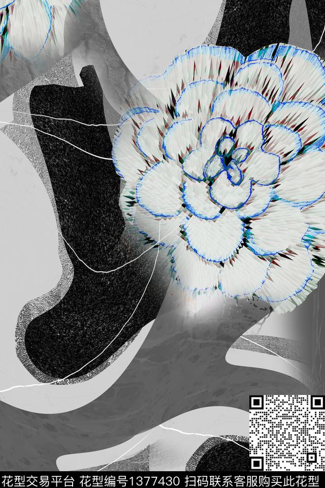 几何抽象花卉手绘大花数码印花华亿平台下载（图片编号: 1377430） - 瓦栏（Walan）