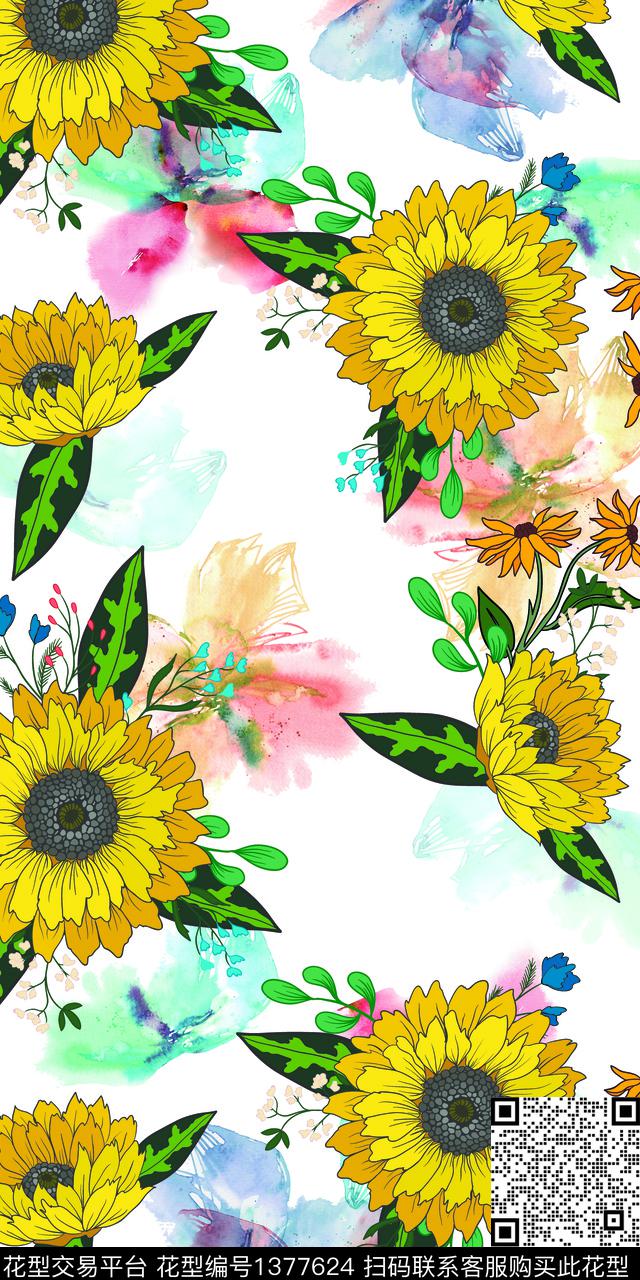 向日葵鸢尾花大牌风数码印花华亿平台下载（图片编号: 1377624） - 瓦栏（Walan）