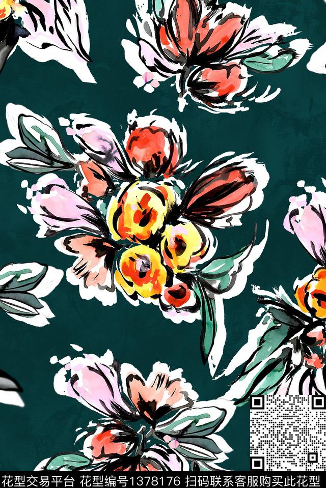 花卉手绘大花数码印花华亿平台下载（图片编号: 1378176） - 瓦栏（Walan）