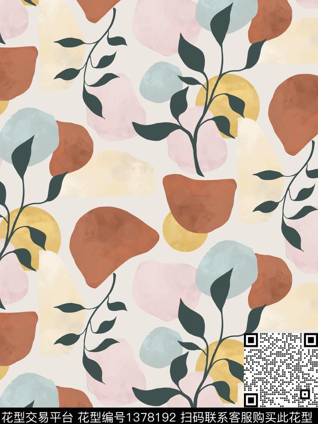 几何绿植树叶高级灰传统印花华亿平台下载（图片编号: 1378192） - 瓦栏（Walan）