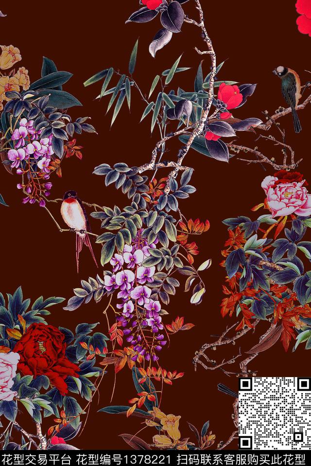 花鸟中国风花卉国画花数码印花华亿平台下载（图片编号: 1378221） - 瓦栏（Walan）