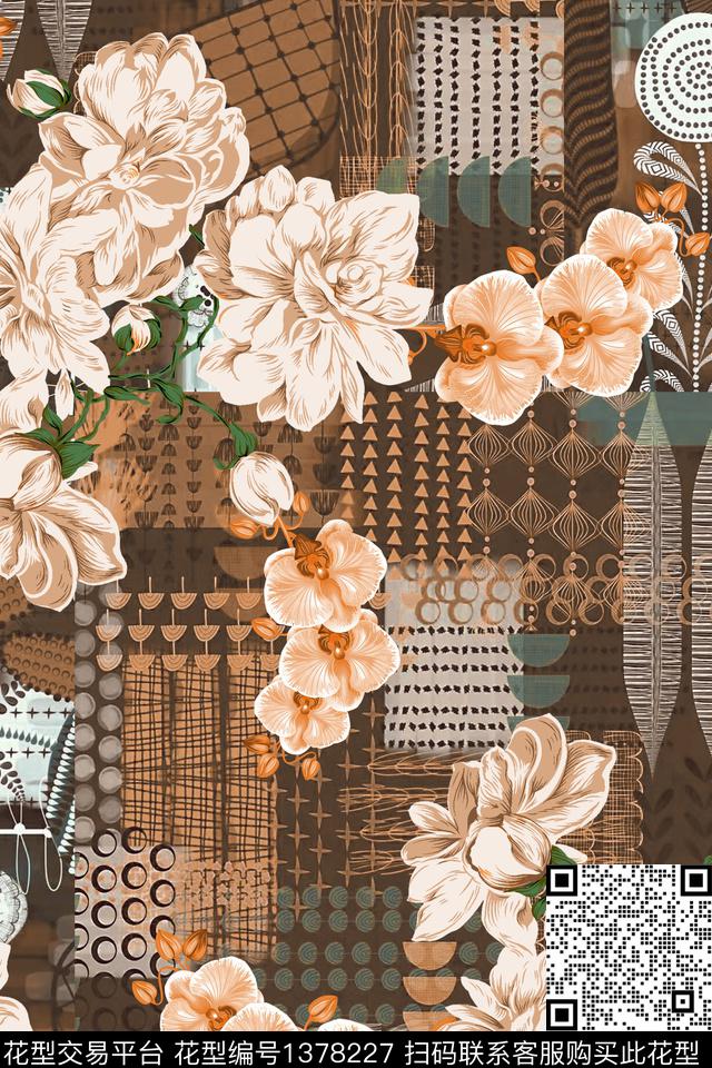 民族风真丝复古旗袍花数码印花华亿平台下载（图片编号: 1378227） - 瓦栏（Walan）