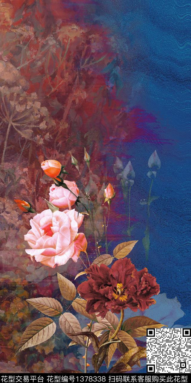花卉定位花朦胧底数码印花华亿平台下载（图片编号: 1378338） - 瓦栏（Walan）