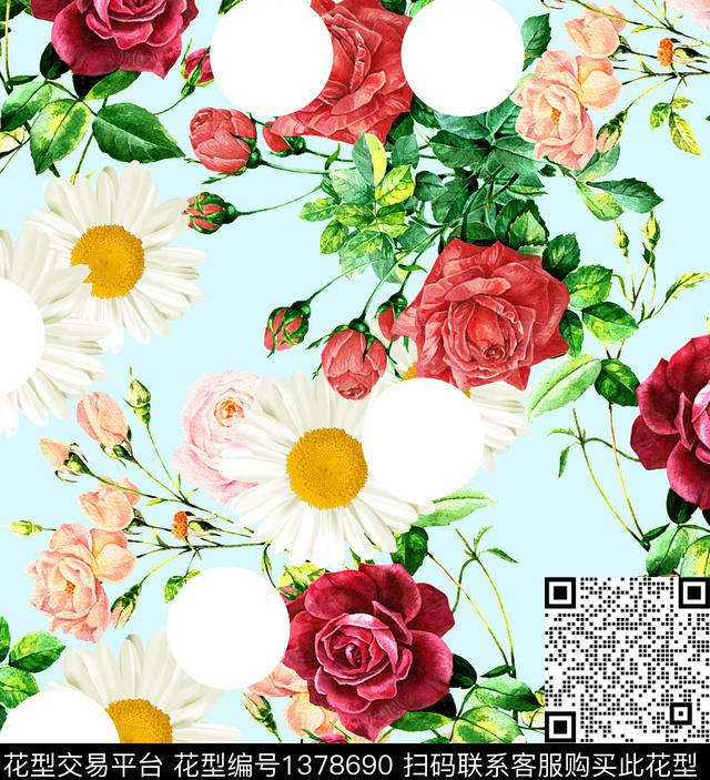 玫瑰花波普小雏菊数码印花华亿平台下载（图片编号: 1378690） - 瓦栏（Walan）