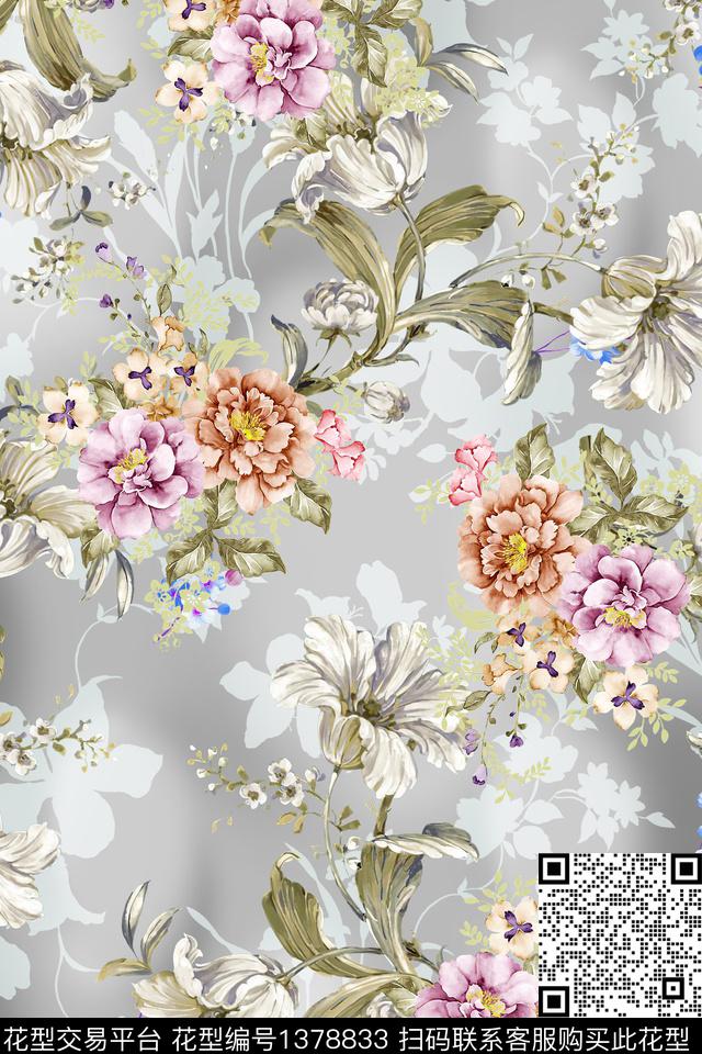 花卉旗袍香云纱数码印花华亿平台下载（图片编号: 1378833） - 瓦栏（Walan）