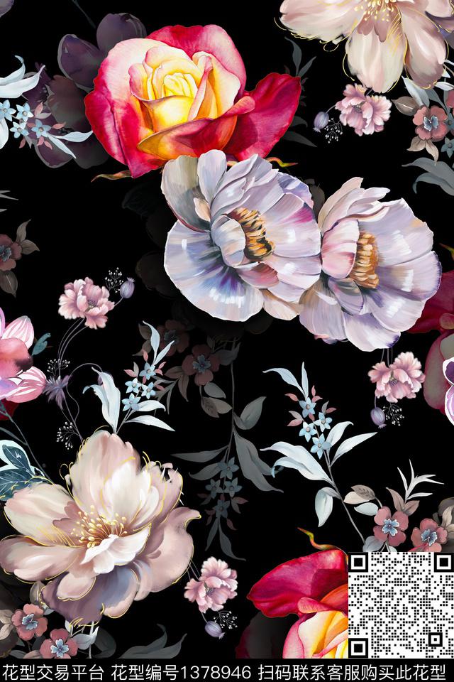 花卉旗袍香云纱数码印花华亿平台下载（图片编号: 1378946） - 瓦栏（Walan）