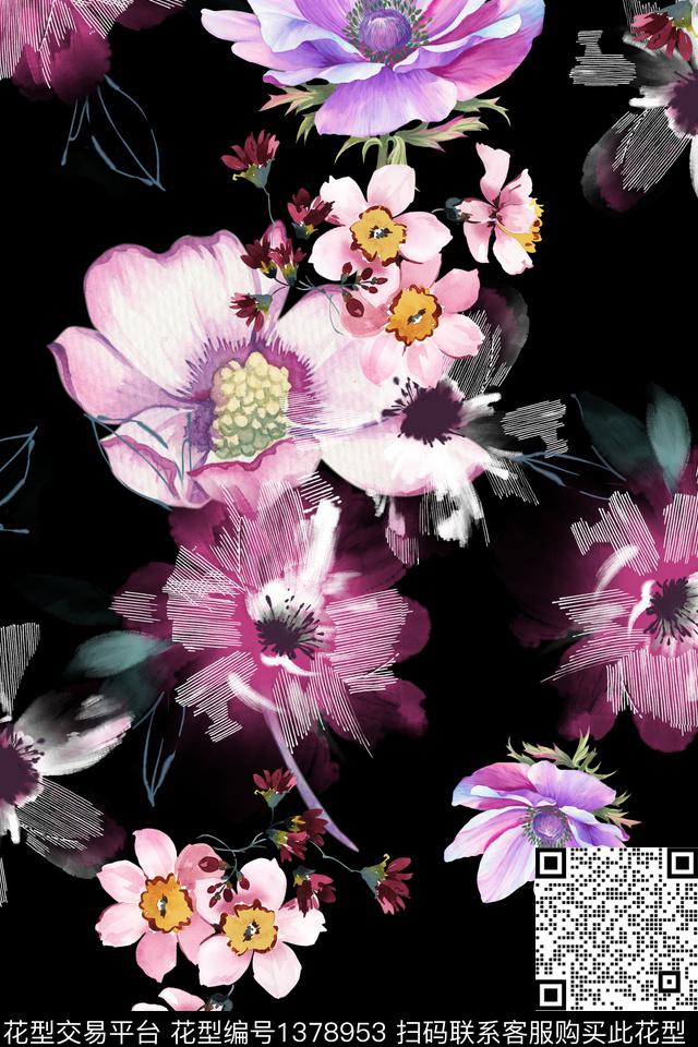 黑底花卉花卉旗袍数码印花华亿平台下载（图片编号: 1378953） - 瓦栏（Walan）