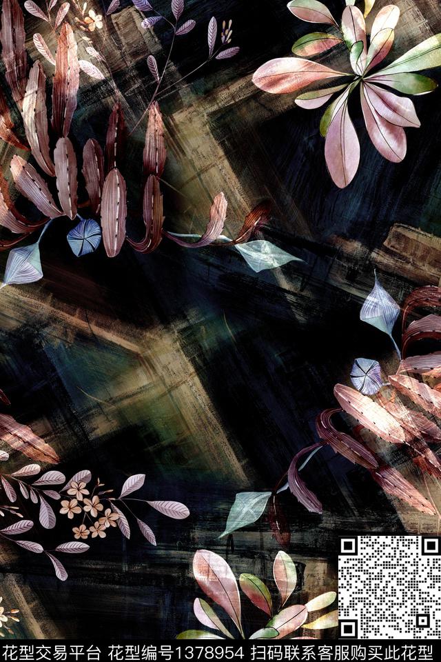 黑底花卉花卉旗袍数码印花华亿平台下载（图片编号: 1378954） - 瓦栏（Walan）