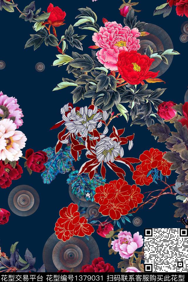 中国风花卉牡丹旗袍数码印花华亿平台下载（图片编号: 1379031） - 瓦栏（Walan）