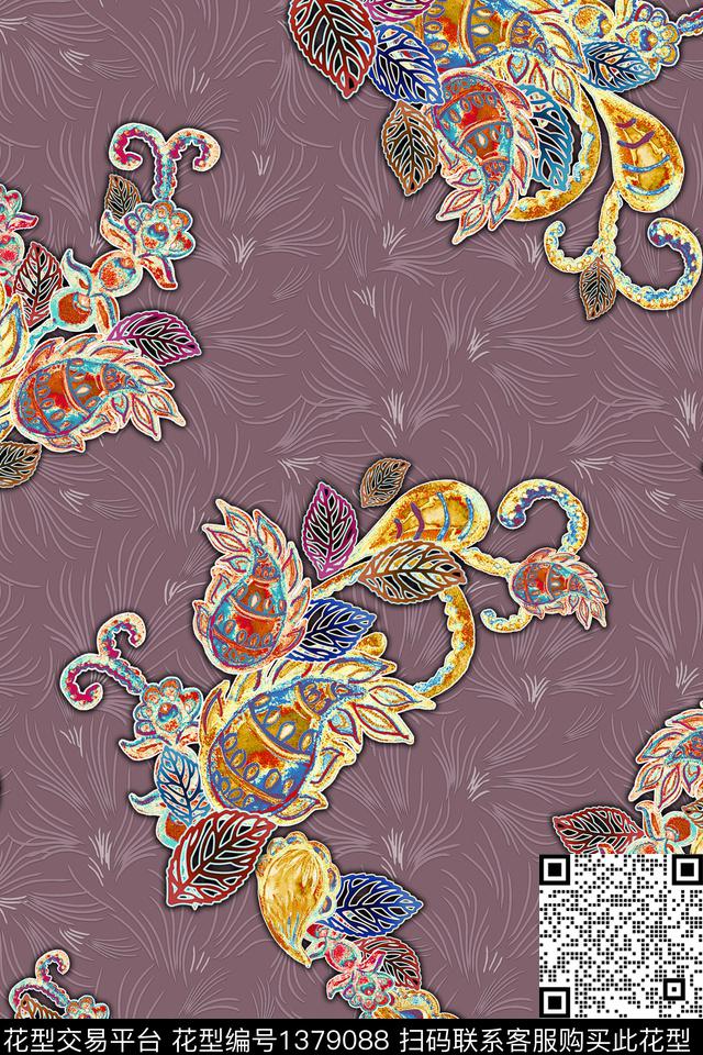 包金佩斯利花卉数码印花华亿平台下载（图片编号: 1379088） - 瓦栏（Walan）