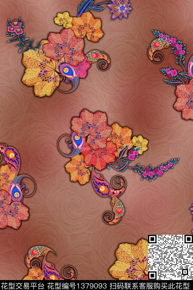 包金佩斯利花卉数码印花华亿平台下载（图片编号: 1379093） - 瓦栏（Walan）