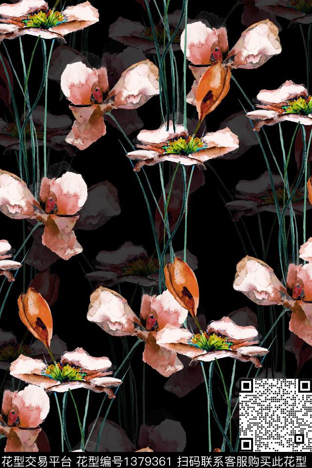 绿植树叶水墨风花卉数码印花华亿平台下载（图片编号: 1379361） - 瓦栏（Walan）