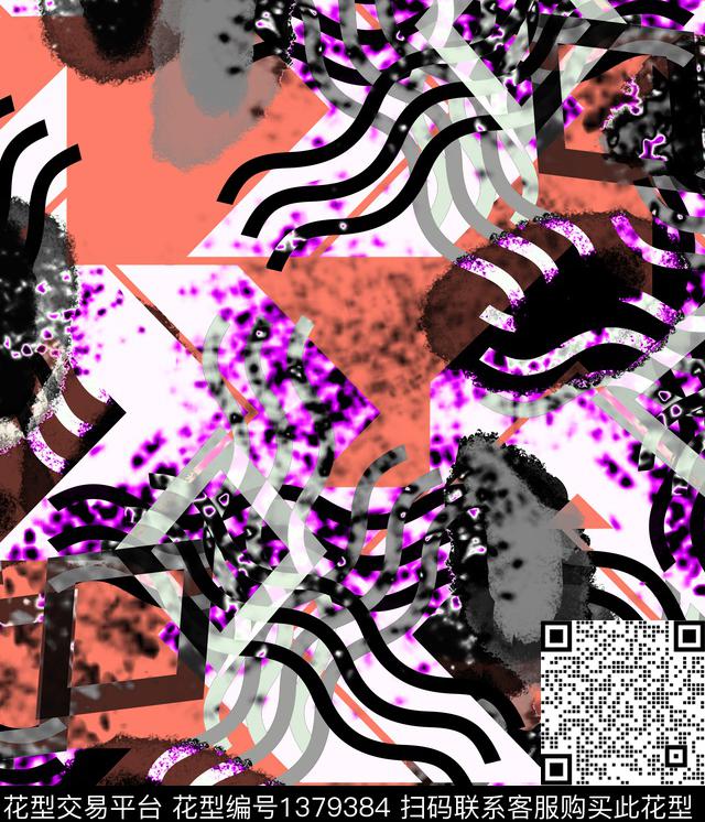 几何抽象混合拼接数码印花华亿平台下载（图片编号: 1379384） - 瓦栏（Walan）